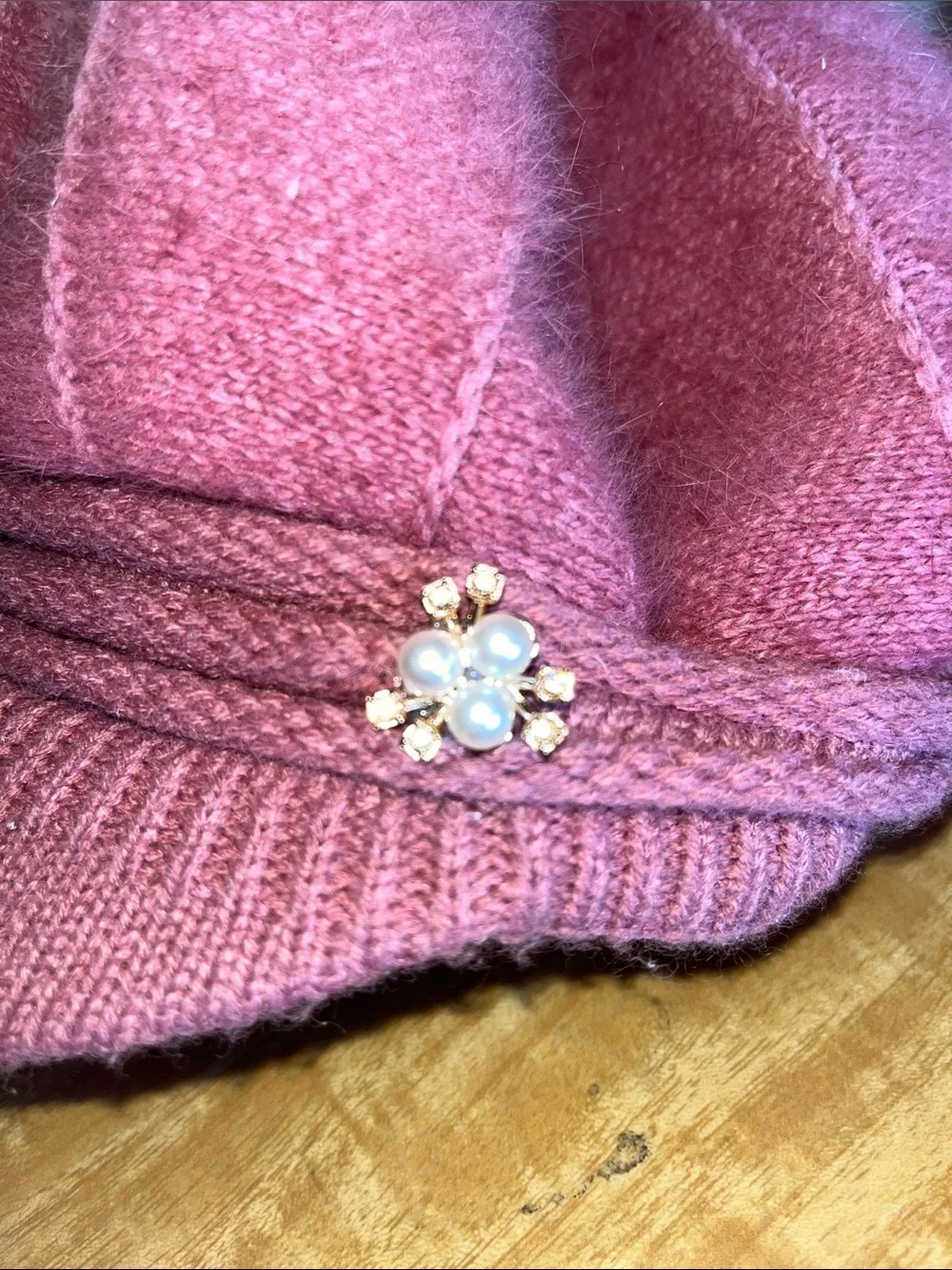 Source Unknown Pink Angora Newsboy Cap with Pearl Embellishment